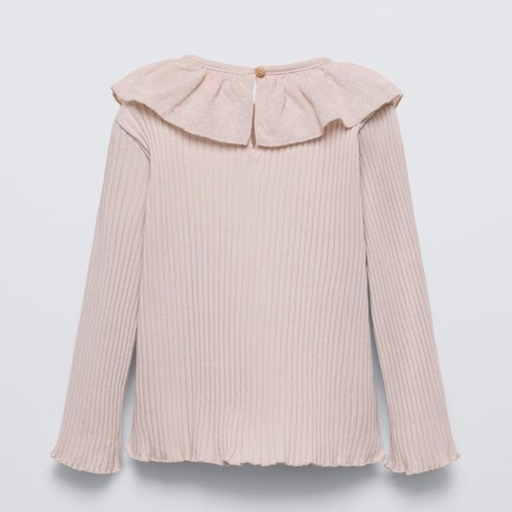 Zara Cream Ribbed Ruffle Neckline Long Sleeve Girls Shirt Size 6 Year NWT